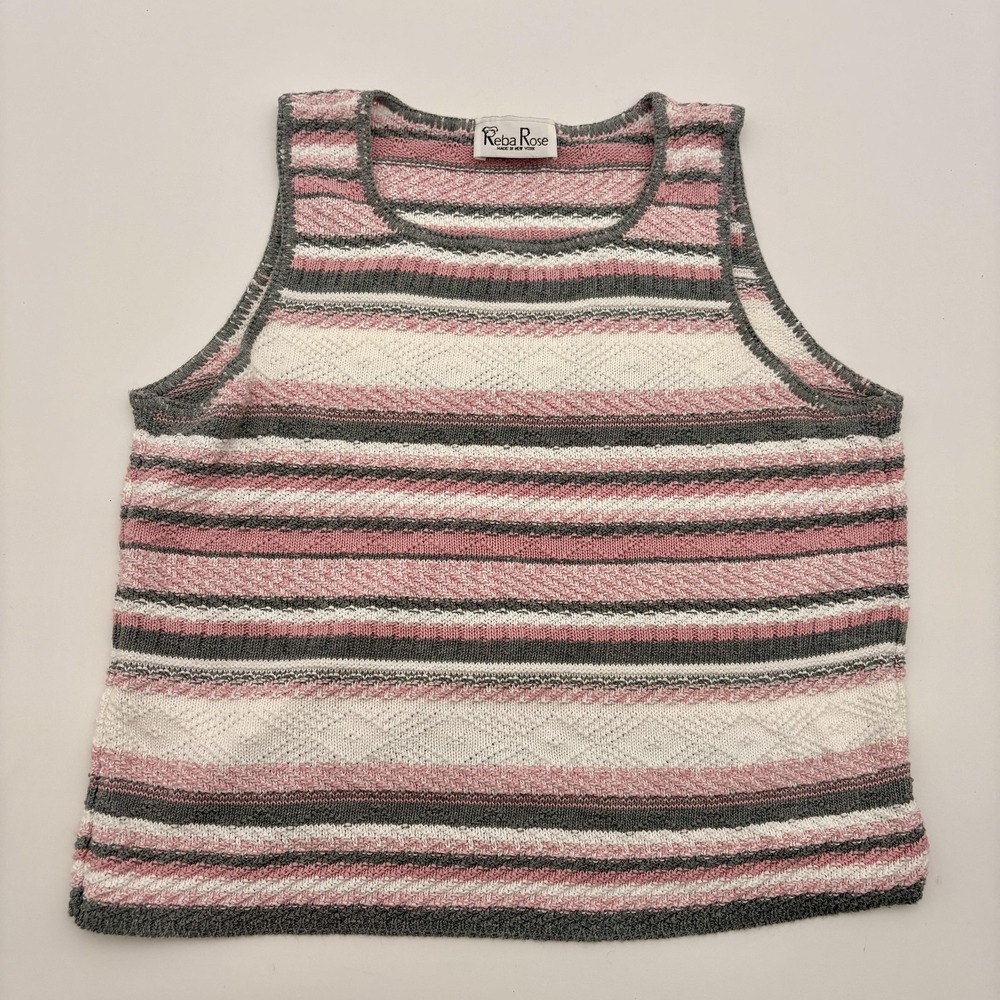 Reba Rose Sweater Vest Womens Size‎ Unknown Pink Gray Striped Crewneck Knit USA